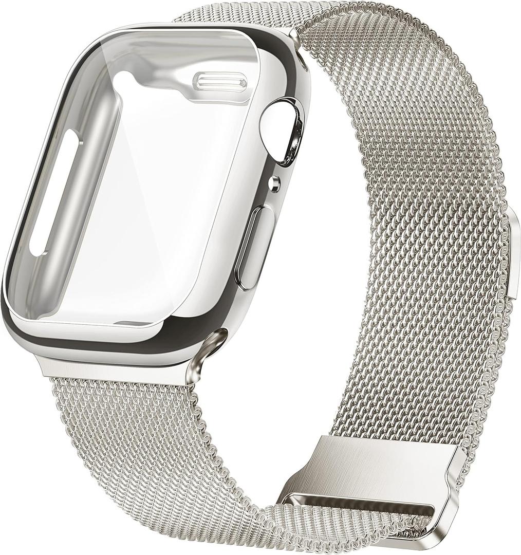 Geoumy Metal Magnetic Bands Compatible for Apple Watch Band 45mm with Case, Stainless Steel Milanese Mesh Loop Replacement Strap Compatible with iWatch Series 10-1 SE Women Men,Starlight