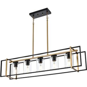 5-Light Farmhouse Chandeliers Black Brass Island Lighting Dining Room Pendant Light Fixtures with Clear Glass Shades Rectangular Hanging Lighting for Kitchen (Black Brass)