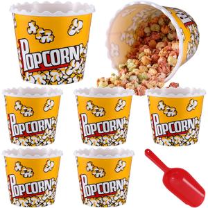 Roshtia 6 Pieces Plastic Popcorn Containers Reusable Buckets 75 oz Popcorn Boxes Bowl with Scoop Retro Style Red Plastic Scoop Set for Movie Theater Night(Classic)