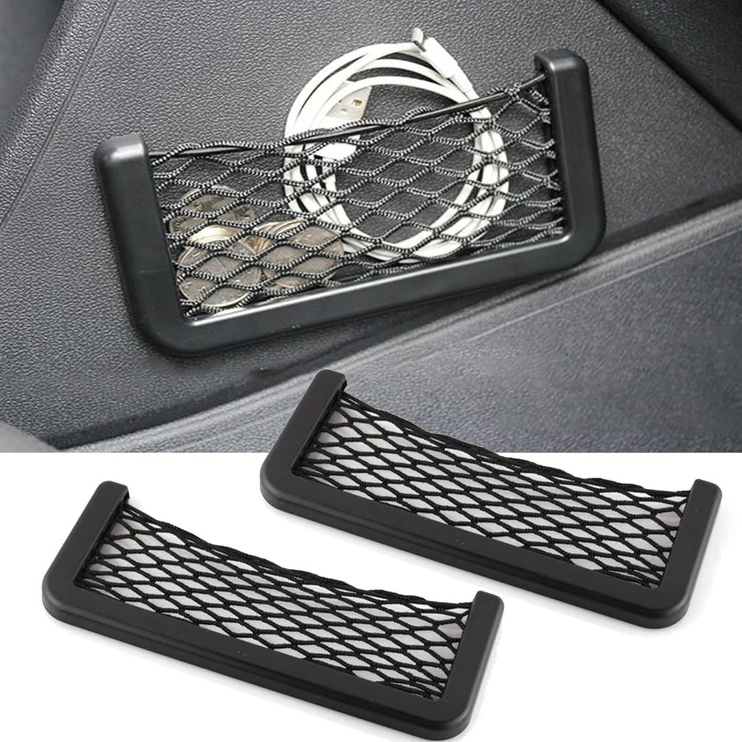 Car 2 PCS Storage Mesh Bag, Automatic Bonding Mesh Bag, Multi-Function Mesh Elastic Nylon Bag, Universal For Most Cars (Black)