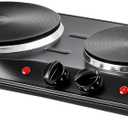 OVENTE Electric Countertop Double Burner, 1700W Cooktop with 7.25" and 6.10" Cast Iron Hot Plates, Temperature Control, Portable Cooking Stove and Easy to Clean Stainless Steel Base, Black BGS102B