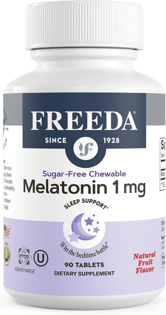 FREEDA Melatonin 1mg Sugar-Free Chewables  Gentle Sleep Aid for Adults & Kids  Vegan, Kosher, Gluten-Free, Non-GMO, Travel-Friendly  90 Tablets