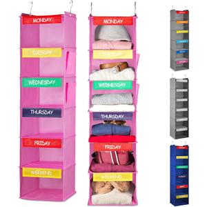 Handy Laundry Hanging Clothes Organizer for Kids - 6-Shelf Closet Daily Clothing Organization Labeled Shelves with Days of The Week Monday Through Friday, Weekday and Weekend (Pink)