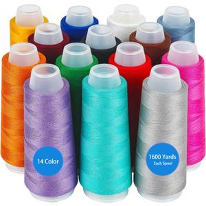 14 Pack Serger Thread Cones, Assorted Colors Polyester Thread, 40S/2-1600 Yards Overlock Sewing Thread for Sewing,Quilting,Serger Machines,Over Lock Thread,Piecing, Merrow & Hand Embroidery. (Medium)