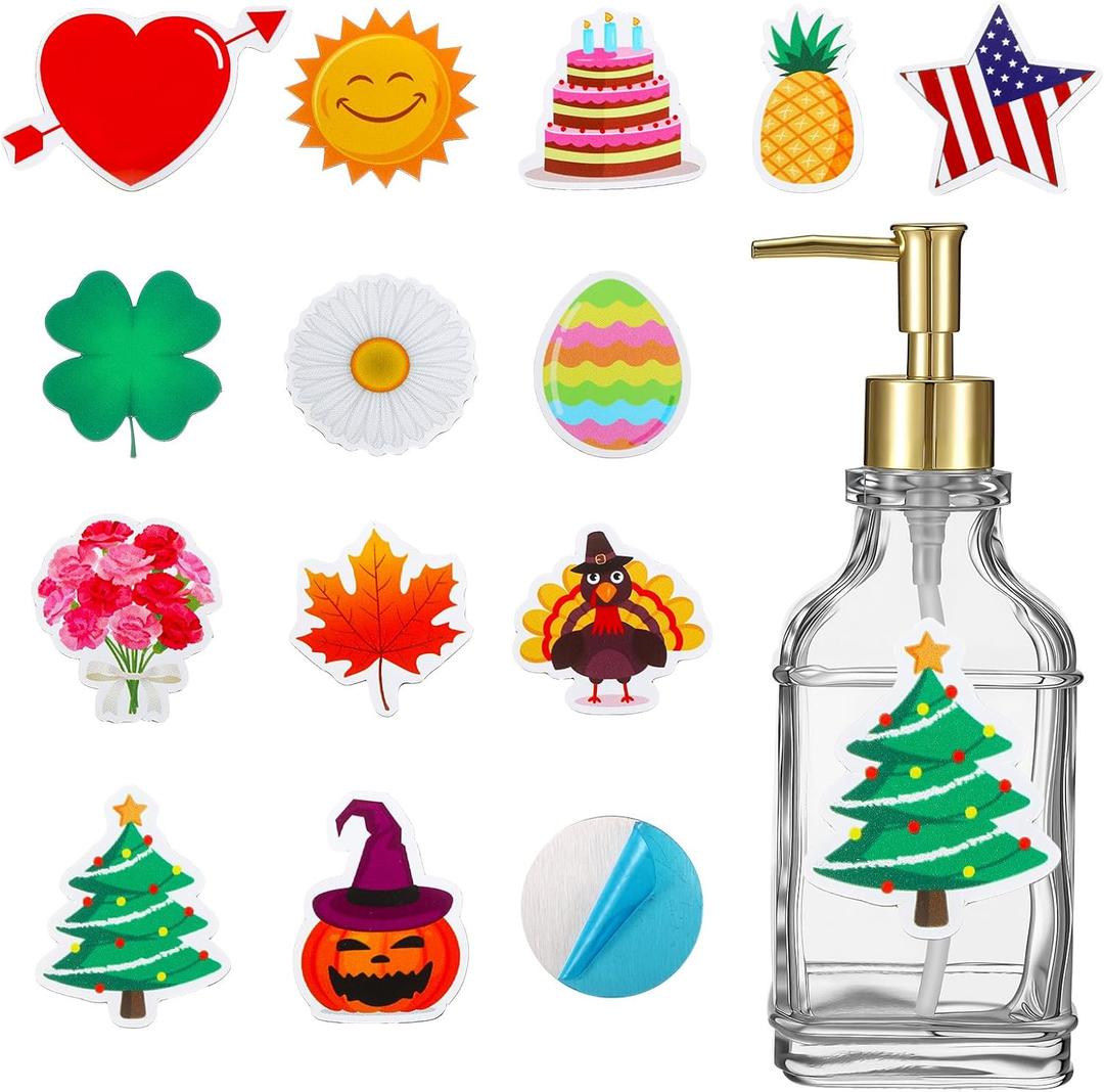 Teenyyou Seasonal Valentine Day Soap Dispenser with 14 Interchangeable Seasonal Festival Magnets Glass Lotion St Patricks Easter Holiday Soap Dispenser for Farmhouse Kitchen Bathroom Accessories