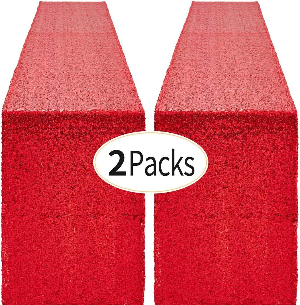 2 Packs 12 x 72 inches Red Sequin Table Runner, Glitter Runner for Birthday Party Supplies Decorations Wedding Bachelorette Holiday Celebration Bridal Shower Baby Shower
