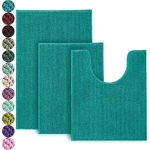 Urvoix 3 Pieces Bathroom Rugs Set, Non-Slip Chenille Bath Rug, Ultra Soft and Super Absorbent Bath Mat for Bathroom, Toilet and Tub (Teal Green) (20"x32" / 17"x24" / 20"x24" Contour)