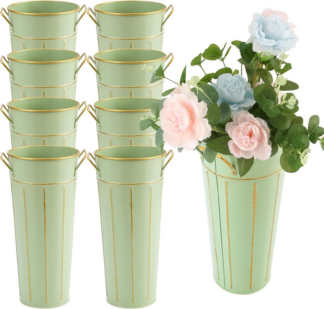 8 Pcs 11.8 Inch Tall Galvanized Flower Bar Buckets with Handles - Tin Metal Vase for Home Decor, Wedding Centerpiece, Table Decorations - Unbreakable Tall Vase for Fresh Flowers (Green)