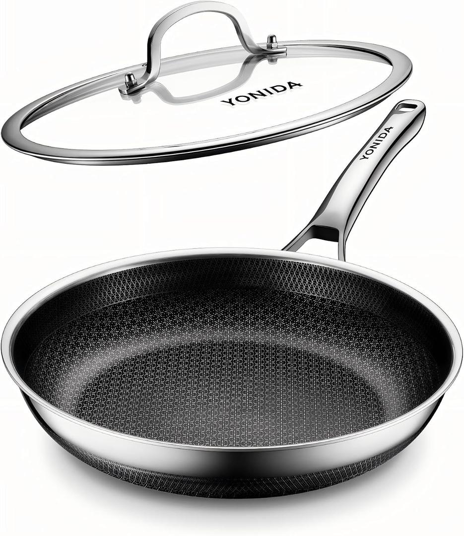 Yonida Non Stick Frying Pans, 12-inch with Lid, Nonstick Hybrid Fajita Pans, Stainless Steel Skillets, Dishwasher & Oven-Safe, PFOA Free Cookware, Induction Compatible Cooking Pan