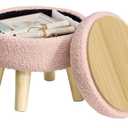 Storage Ottoman, Foot Stool, Round Ottoman with Padded Seat, Foot Rest with Wood Legs, Small Table, for Hallway, Living Room, 12.2 Inches, Teddy Fleece, Jelly Pink ULOM515SA01