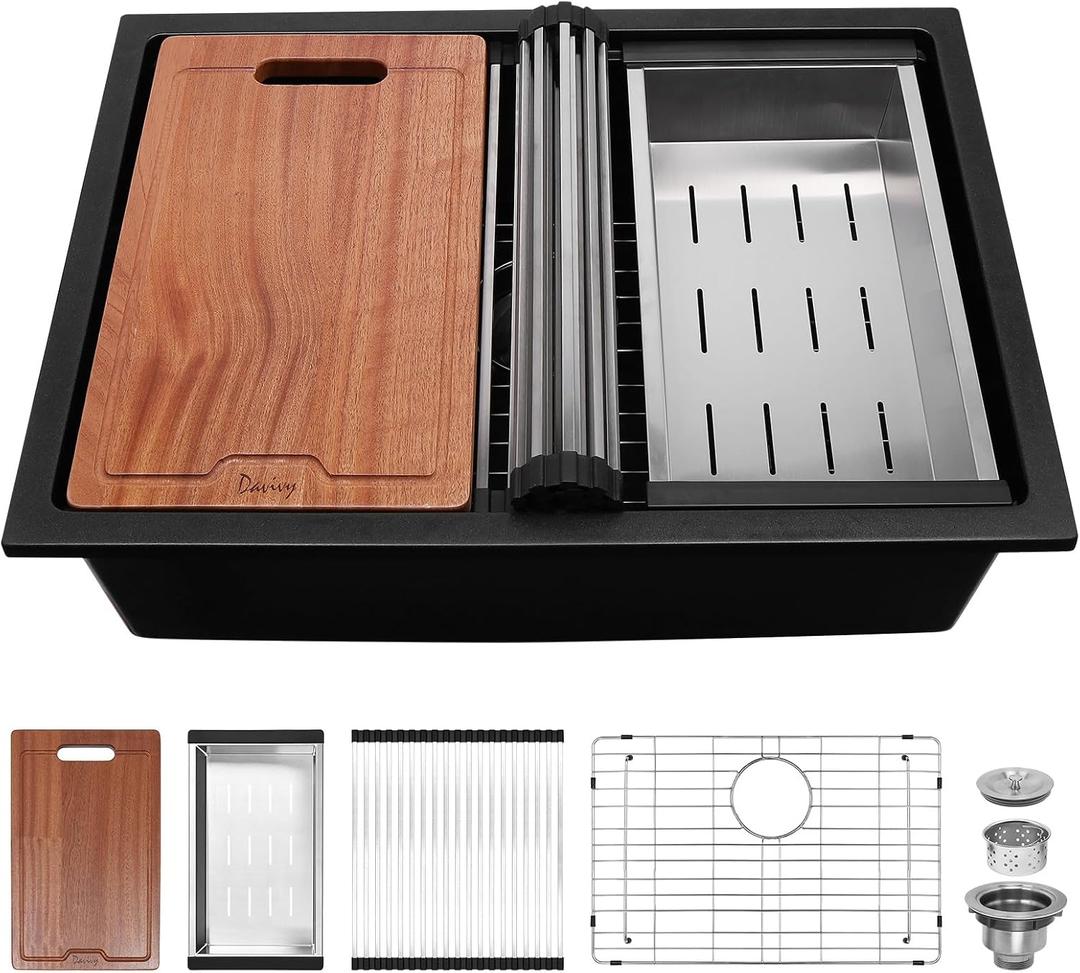 Davivy 27 Inch Black Granite Sink Workstation, 27 X 19 Granite Composite Kitchen Sink Undermount & Drop in, Deep Single Bowl with Accessories