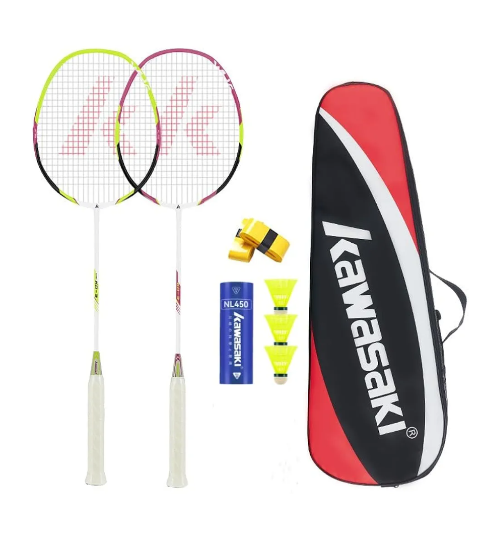 Kawasaki Badminton Rackets, Professional Graphite Shaft Badminton Set of 2 for Backyard, with 2 Lightweight Carbon Badminton Racquets/3 Badminton Shuttlecocks/2 Racquet Overgrips/1 Carry Bag