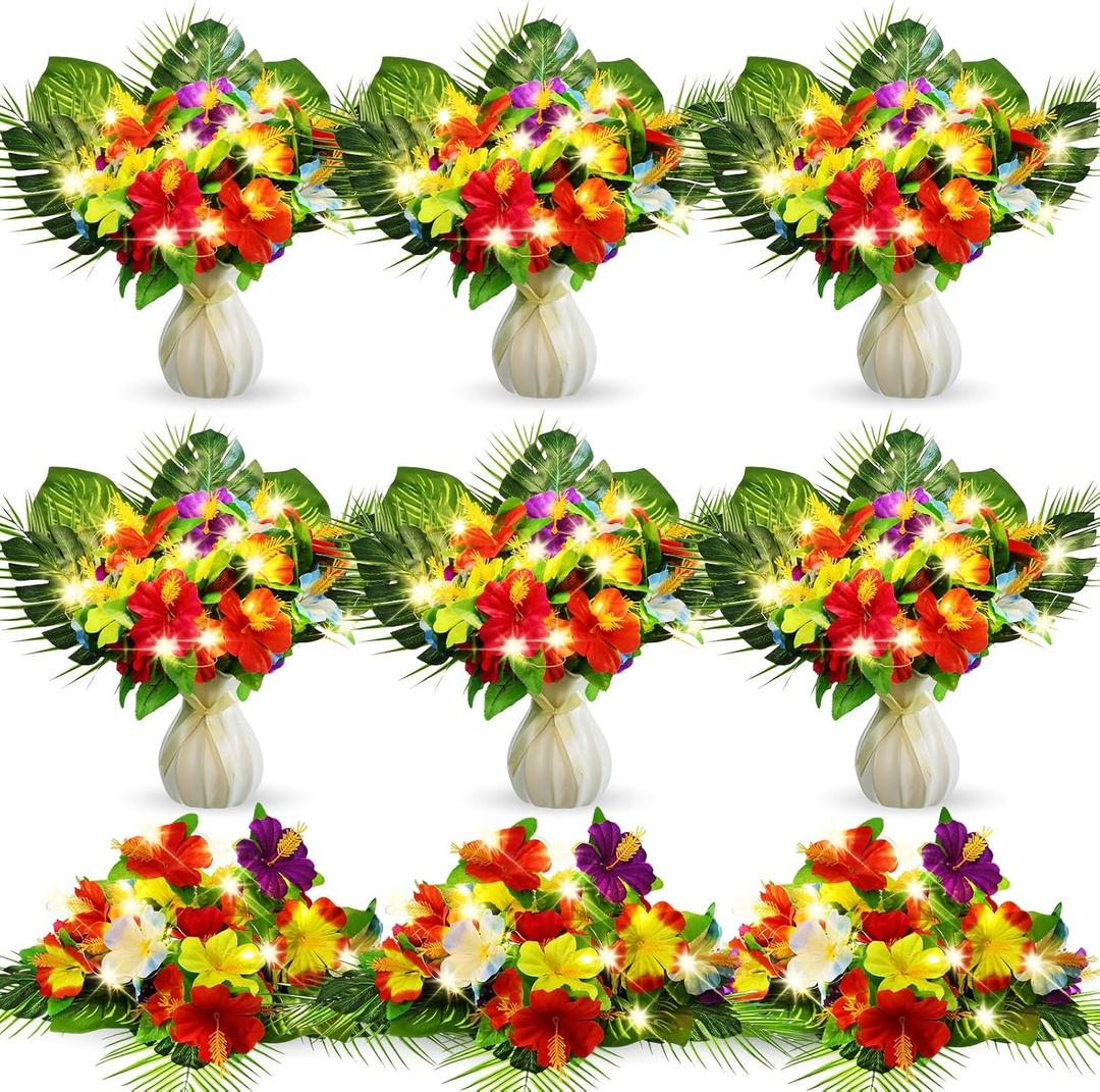 Hotop 36 Pcs Light up Hawaiian Flower Centerpieces for Tables Hibiscus Bouquet Palm Leaves and Light Up Centerpieces for Tables