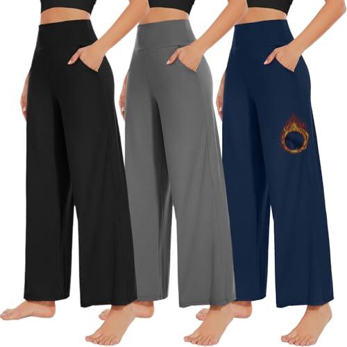 NEW YOUNG 3 Pack Women's Fleece Lined Wide Leg Pants with Pockets High Waist Loose Sweatpants Casual Lounge Yoga Workout Palazzo Small