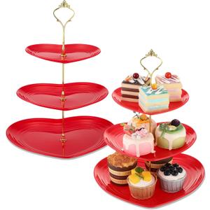 Layhit 2 Pack Valentine's Day 3 Tier Cupcake Stand Heart Shaped 3 Tiered Serving Trays for Party Plastic Tray Dessert Cupcake Stand for Tea Party Baby Shower Wedding(Red)