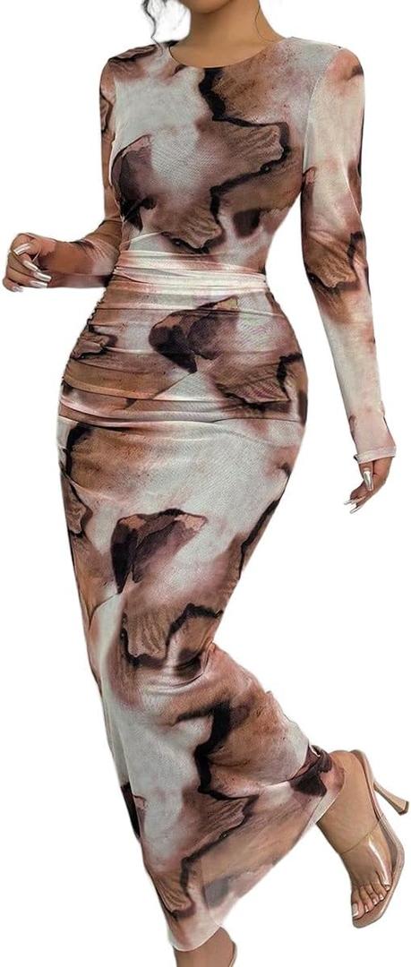 Narecte Fall Dresses for Women Bodycon Long Sleeve Dresses Casual Elegant Maxi Dress Tie Dye Mesh Formal Dress XL