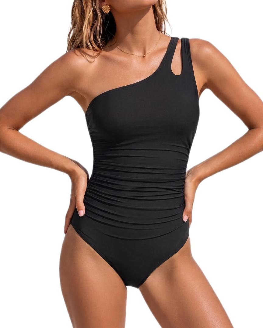 Holipick One Shoulder One Piece Swimsuit for Women Tummy Control Bathing Suits Modest Full Coverage Keyhole Swimwear, Large