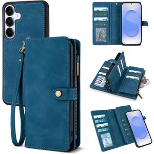 TwoHead for Samsung Galaxy S25 Wallet Case with Card Holder, Detachable Magnetic Phone Case for S25,PU Leather All-Round Protective Phone Case Wallet with Wrist Strap(6.2 in,Navy Blue)