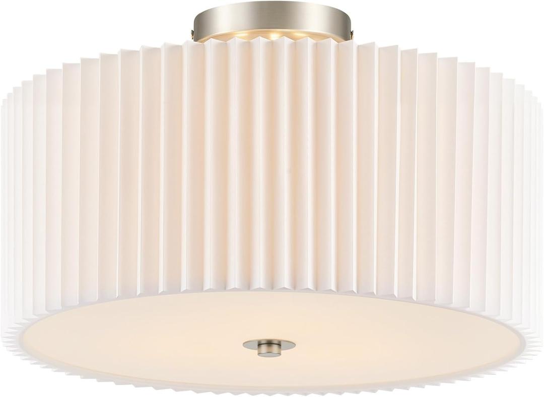 VONLUCE Semi-Flush Mount Ceiling Light, 15.7" Modern 3-Light Ceiling Light Fixture with White Pleated Drum Shade 3 E26 Sockets for Bedroom Entryway Living Room, Nickel Finish, ETL Certificated