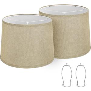Drum Lampshades Set of 2, Fabric Lampshades for Table Lamps Floor Lamps, Medium Lampshades 11.6" Top x 12.6" Bottom x 9.8" High, Easy Assembly Shades Replacement, Natural Linen Hand Crafted (Spider) (Farmhouse Brown)