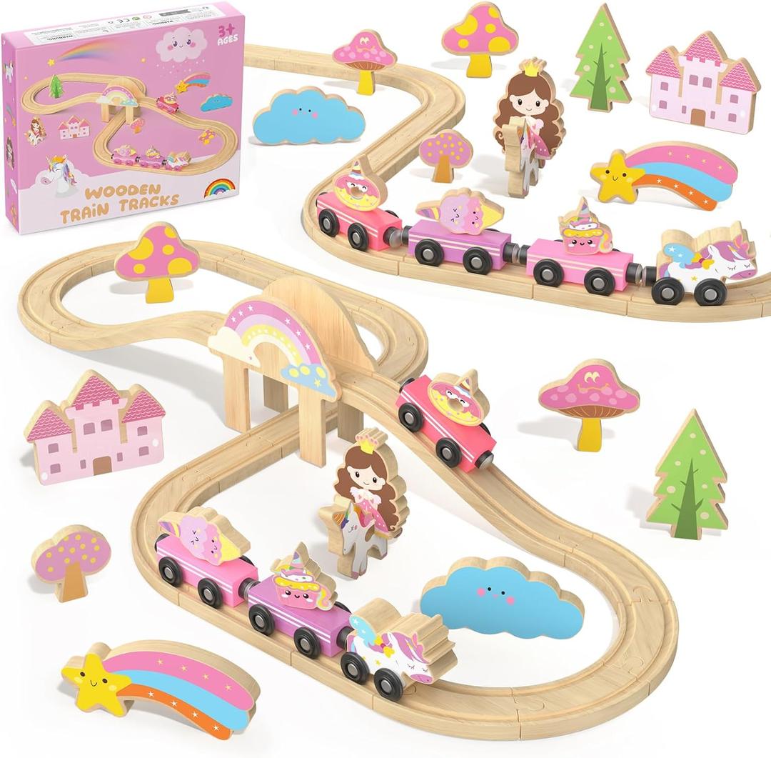 Unicorn Wooden Train Set for Toddler Girls Ages 2-4 Magical Fairy 38 Pcs Toddler Girl Toys with Railway Track Fantasy Toys for Girls 3-5 Year Old Kids