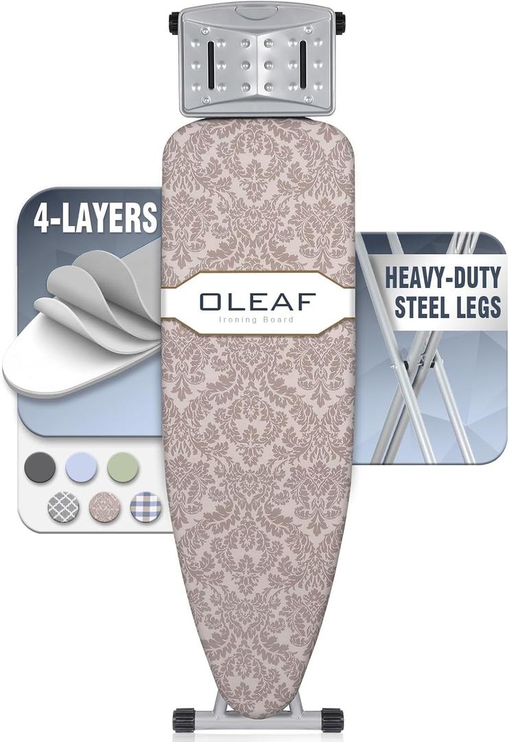 oleaf Ironing Board with Cover and Thicken Pad Height Adjustable Full Size Foldable Iron Board with Iron Rest, Stable Steel Legs, Metal Construction, Heat Resistant, Damascus