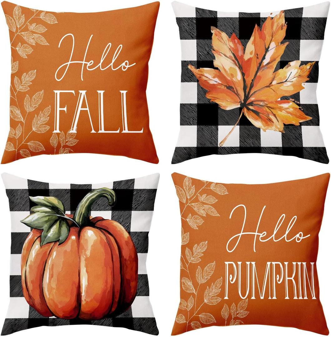 BBOLDIN Fall Throw Pillow Covers 18x18 Couch Cushion Covers, Thanksgiving Pumpkin Leaves Decorations for Sofa Home Porch, Orange Plaid Farmhouse Pillow Cases Autumn Decor Set of 4