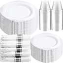 Liacere 350PCS Silver Plastic Plates&Pre Rolled Napkins for 50 Guests - Plastic Dinnerware Sets 100Silver Disposable Plates, 150Silver Silverware, 50Cups and 50Napkins for Wedding&Party