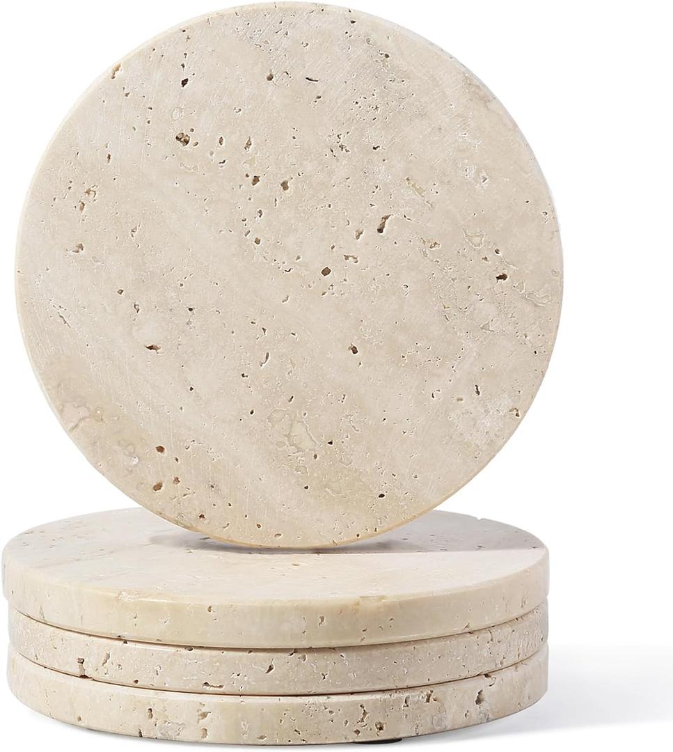Koville Travertine Coasters, Marble Coaster Set of 4 for Drinks, 4" Round Stone Coasters Set Heat Resistant, Decorative Modern Cup Coaster for Coffee Table Home Bar Decor, Unique Gift Choice(Beige)