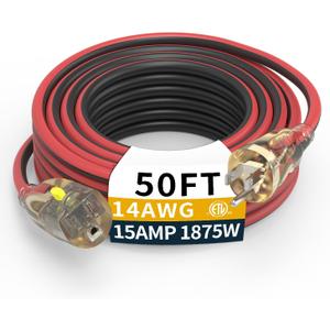 50FT Medium Duty Outdoor Extension Cords, 14/3 Gauge Electrical Wire Cable, 15 Amp Waterproof, LED Lighted Locking Plug for Indoor and Outside Use, Power Cord ETL Certified