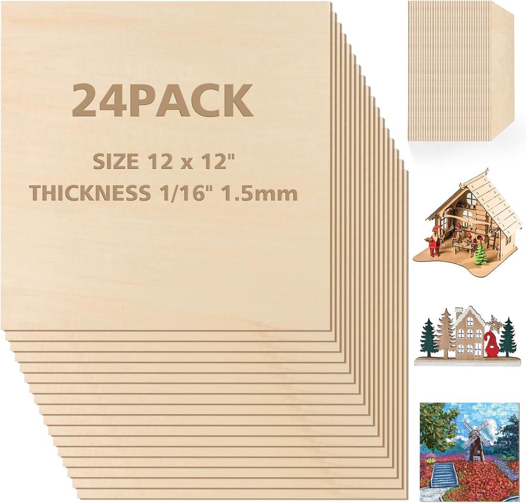 Adrattnay Basswood Sheets 1/16 x 12 x 12 inch - 1.5mm Basswood Sheets Plywood Sheets, 24Pcs Square Unfinished Wood Board for DIY Crafts, Laser Cutting, Wood Burning, Painting, Model Carving