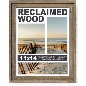 Rustic 11x14 Picture Frame, Reclaimed Barnwood Photo Frame with HD Tempered Glass, Distressed Family Art Gallery Corner, Horizontal and Vertical Wall Mounting Display with Hardware, Set of 1