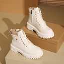 Women's Round Toe Leather High-Top Lace-Up Ankle Boots With Thick Sole And Non-Slip Side Zipper Suitable For Dating, Shopping, And Walking (White) 4.5