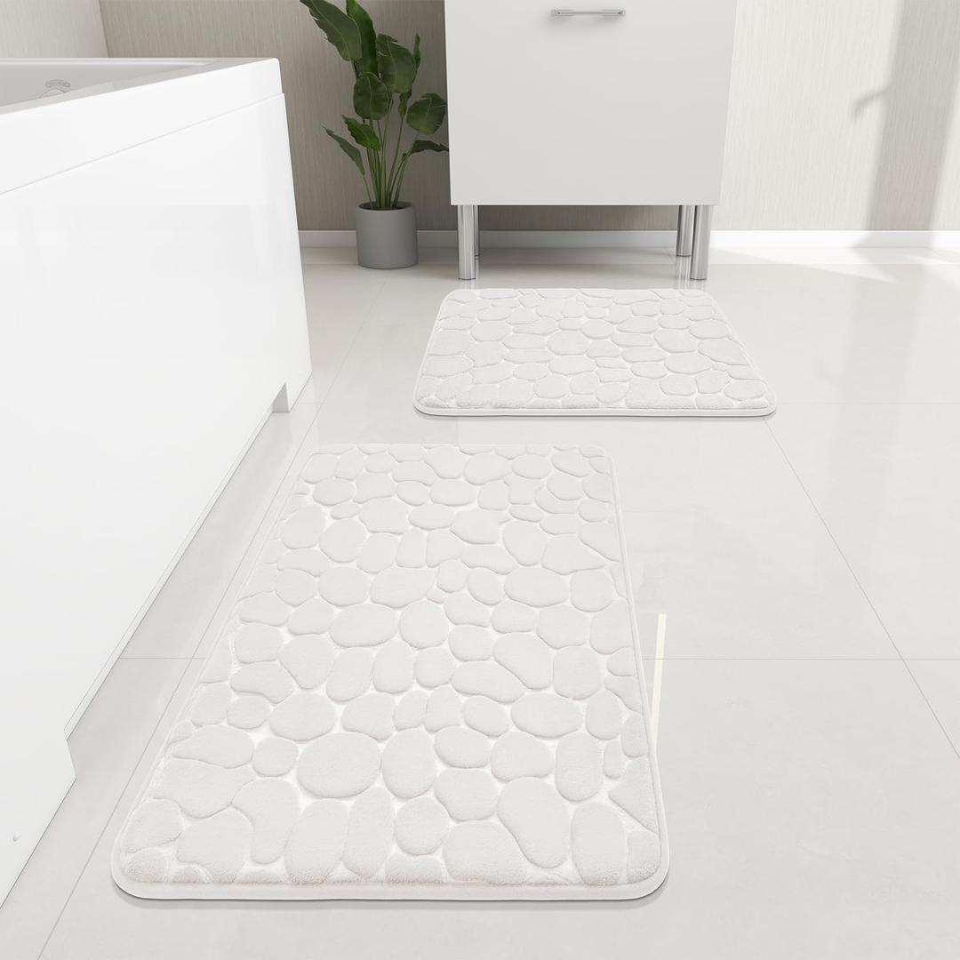 YIHOUSE Bathroom Rugs Mat Set 2 Piece White, Memory Foam Bath Mats Sets, Non Slip Water Absorbent Washable Bath Rugs for Sink, Toilet and Floor