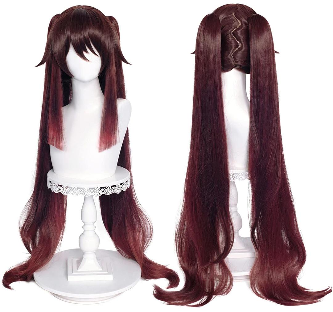 SL Brown Pigtails Wig for Hu Tao Cosplay Wig Anime Straight Cosplay Hair Wigs with Ponytails + Cap (Hu Tao) Long