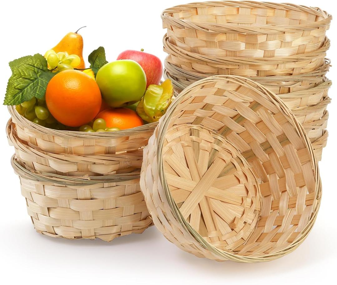 TOPZEA 10 Pack Round Gift Baskets, 8 Inch Natural Bamboo Woven Fruit Basket, Small Wicker Bread Roll Serving Basket, Food Storage Bin Handmade Baskets for Kitchen Restaurant Centerpiece Christmas
