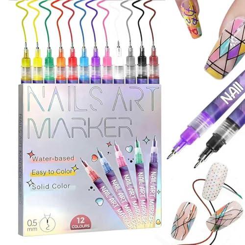 Wcatea 2026 New 12 Colors Nail Art Pens Set, 0.5mm Fine Tip Polish Markers for Drawing - Quick Dry Waterproof DIY Nail Art Kit for Beginners, Gel & Acrylic Nails, Home Salon Manicure Tools (1 Set)