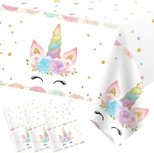 DaiUni 3PCS Unicorns Tablecloths for Birthday Decoration, Plastic Disposable Rectangle Table Covers for Kids Girls Baby Shower Party Supplies, 54" x 108"