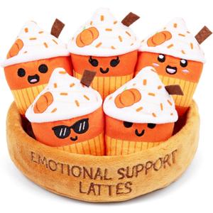 Emotional Support Lattes by Relatable, Fall Plushies Stuffed Animal Toy, Perfect Small Gift for Coffee Lovers, Gift Baskets, and Loved Ones of All Ages, Includes 5 Fall Plushies with Carrying Basket