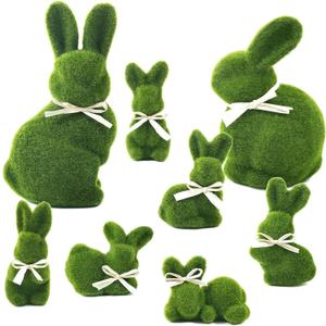 naturevibe 10/5 Inches Moss Easter Bunny Home Decor,Set of 8 Green Faux Moss Parents n Baby Rabbit for Easter Decorations,Cute Bunny Figurines as Spring Decor