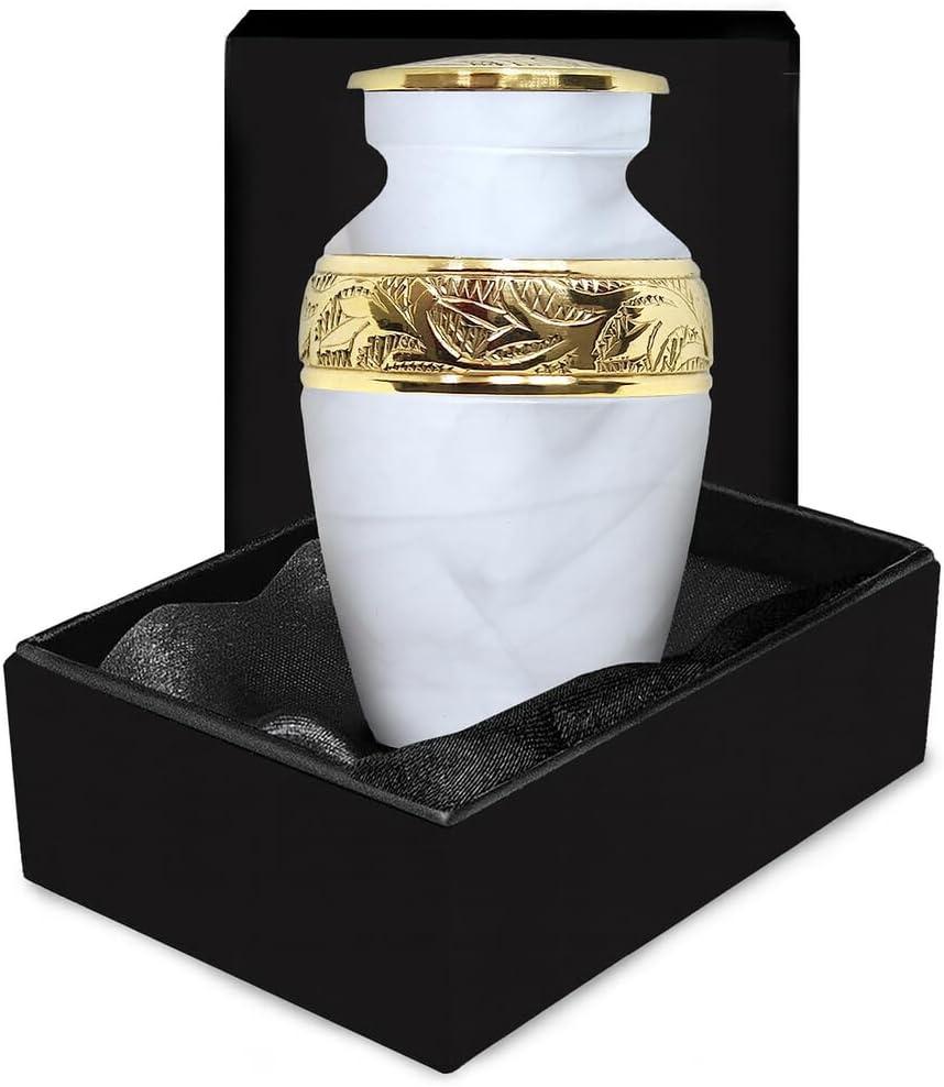 Small Urns for Human Ashes Keepsake Handcrafted White Memorial Urn with Brass Accent Mini Keepsake Urn for Men and Women Remembrance Urn (Small)