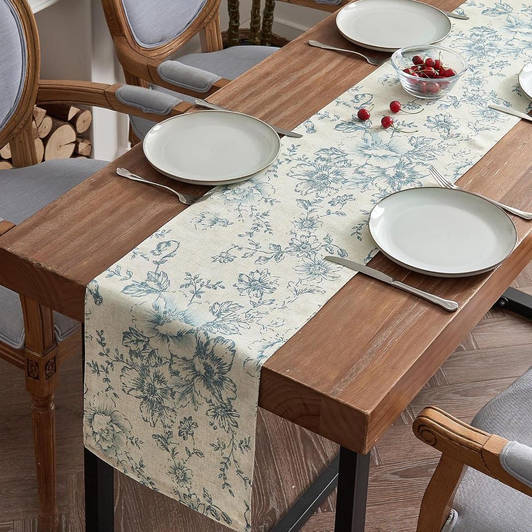Jinchan Floral Linen Table Runner for Kitchen Farmhouse 13 x 108 Inch for Kitchen Island Cloth Dining Table Indoor Outdoor Decor 1 Panel Blue on Beige