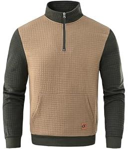YuKaiChen Men's Long-Sleeve Quarter-Zip Casual Sweatshirt Square Pattern Armygreen/ Khaki 2XL