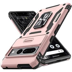 DEERLAMN Case for Google Pixel 7 Pro with Slide Camera Cover,[Full Camera Protection] [Magnetic Rotated Kickstand] Military Grade Shockproof Heavy Duty Protective Cover-Rose Gold