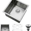 PEPO 17x17 Inch Undermount Bar Sink, 16 Gauge Stainless Steel Small Kitchen Sink，Handmade Single Bowl With Strainer And Rinse Grid, For Wet Bar RV Prep Outdoor Kitchen (Brushed), 17x17x10inch
