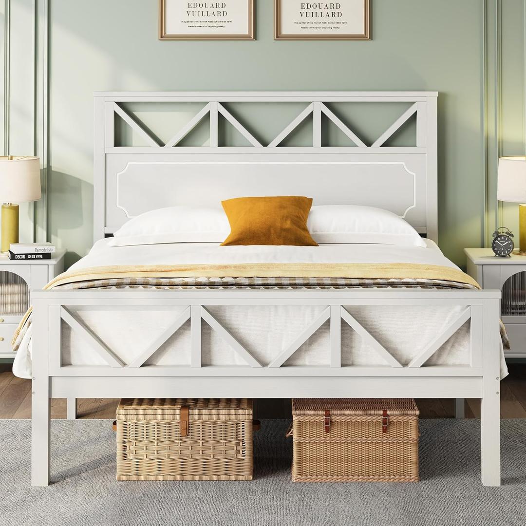 BedsPick Queen Bed Frame, Solid Wood Platform Bed Frame with Headboard and Footboard, Heavy-Duty Mattress Foundation/Wood Slats/Easy Assembly/No Box Spring Needed/Noise Free, White and Light Pink