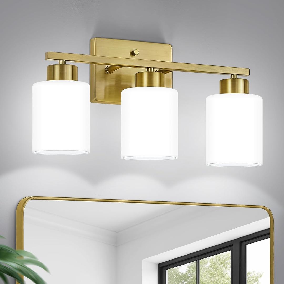 FonmYim Brushed Gold Bathroom Light Fixtures, 3-Light Modern Vanity Light Over Mirror, Wall Sconces with Milky White Frosted Glass Shades, E26 Socket (Bulbs Not Included)