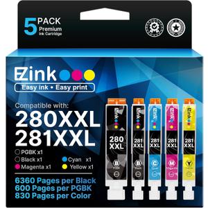 E-Z Ink Compatible Ink Cartridge Replacement for Canon PGI-280XXL CLI-281XXL 280 XXL 281 XXL Compatible with TR8620a TR8620 TS702a TS9520 TS9521C TR8520 TS6220 TS6320 TS8220 (5 Pack)