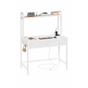 Small White Desk with Drawers, 31 Inch Home Office Computer Desk with Power Outlet and LED Light, Vanity Desk with Storage Shelves, Modern Work/Writing/Study Table for Bedroom, White, 80×48