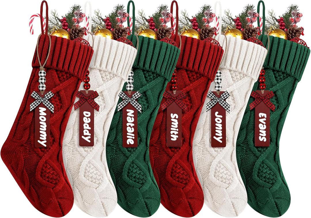 6Pack Personalized Christmas Stockings with Wooden Name Tags, 18 inches Xmas Cable Knitted Stocking for Holiday, Hanging Decoration Gifts for Family Party(White&Red&Green)